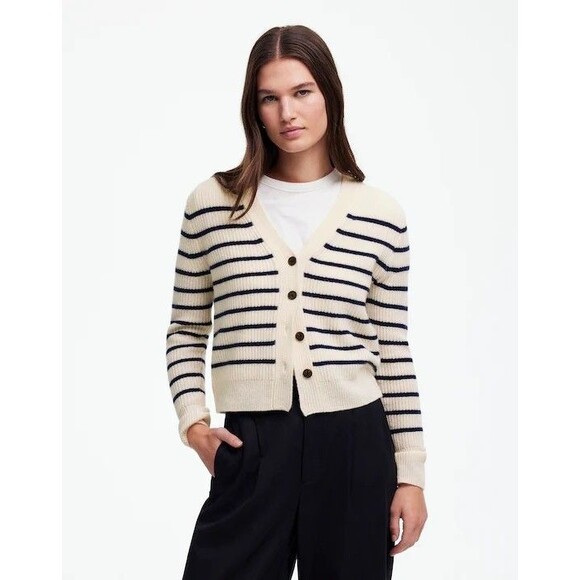 Madewell Soft Wool V-Neck Cardigan Sweater in Stripe Cashmere Classic Medium - Picture 2 of 11